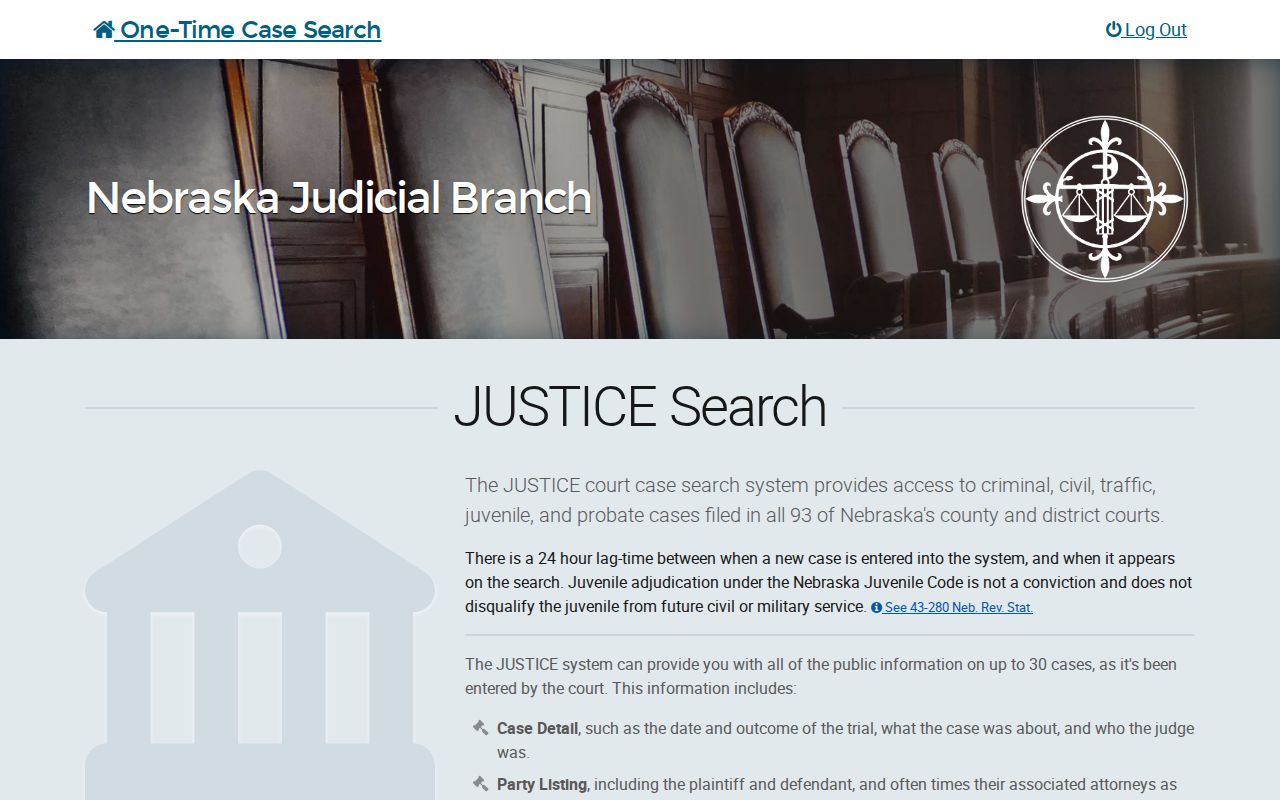 Washington County court docket Nebraska JUSTICE party-name search screen