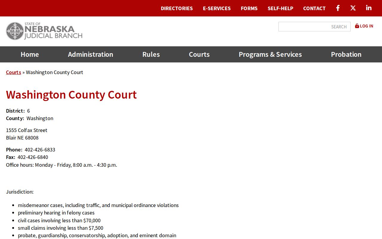 Washington County court docket County Court official information page